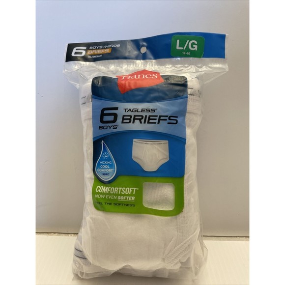 Hanes Boys Comfortsoft White Tagless Briefs Size: L (14-16) 6 pair NEW - Picture 1 of 5